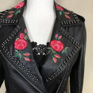 Groovy Monkey NWT Embroidered  Floral  Faux Leather Moto Jacket S